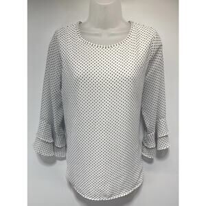 Valerie Stevens Womens White/Blue Polka Dots Lined Blouse Top Size S